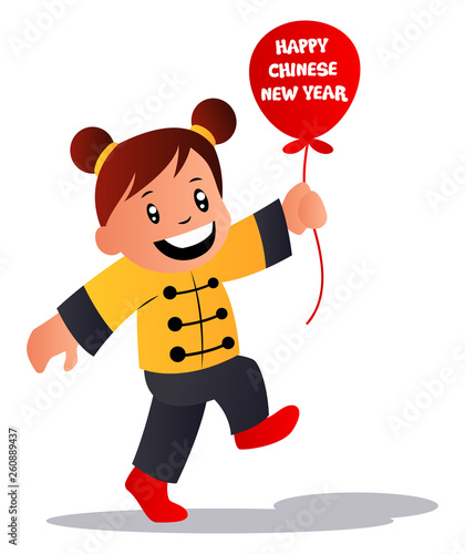 Cartoon girl celebrating chinese new year vector illustration on white background