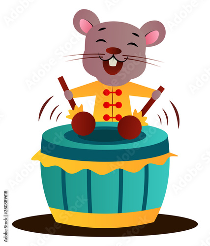Cartoon chinese mouse playing drums vector illustration on white background
