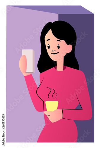 Pretty cartoon woman in pink dress vector illustartion on white background