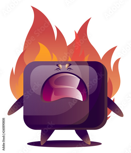 Angry cartoon purple TV monster vector illustration on white bacground