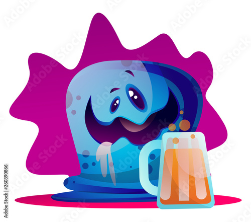 Drunk cartoon blue monster vector illustarton on white background