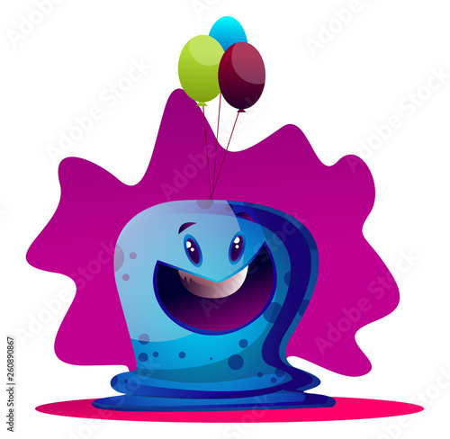 Happy blue monster with ballons vector illustartion on white background