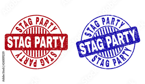 Grunge STAG PARTY round stamp seals isolated on a white background. Round seals with grunge texture in red and blue colors.