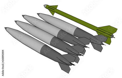 3D vector illustration on white background  of various army missiles