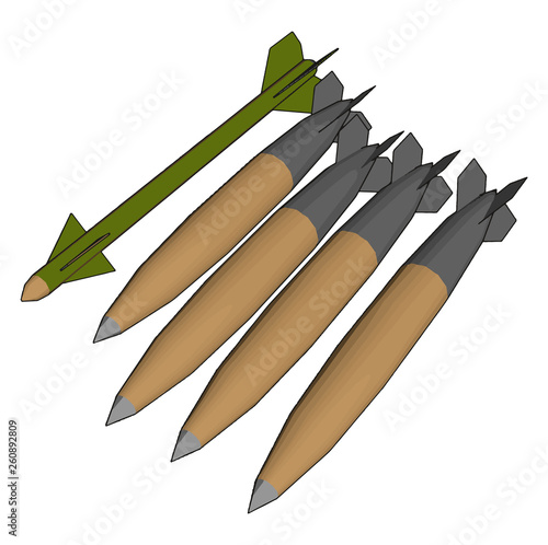 3D vector illustration on white background  of various army missiles