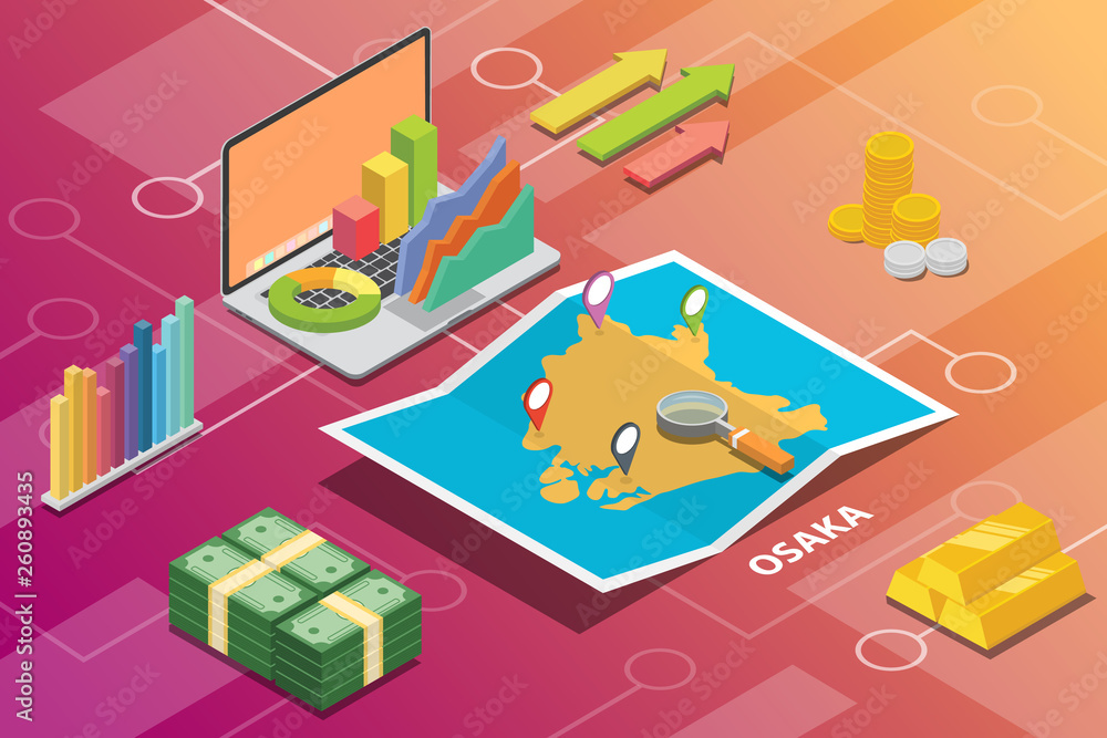 osaka japan city isometric financial economy condition concept for describe cities growth expand - vector