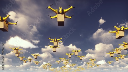 Autonomous delivery of parcels by unmanned drones-quadrocopters flying on a Sunny day. 3D Rendering