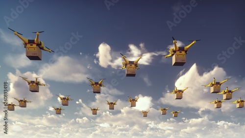 Autonomous delivery of parcels by unmanned drones-quadrocopters flying on a Sunny day. 3D Rendering