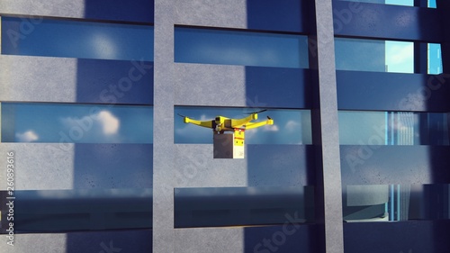 Autonomous delivery of parcels unmanned quadrocopter flying in a modern metropolis on a Sunny day. 3D Rendering