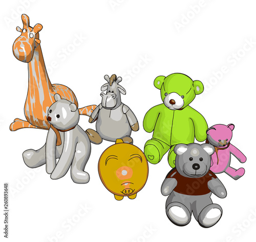 Various stuffed toy animals vector illustration on white background