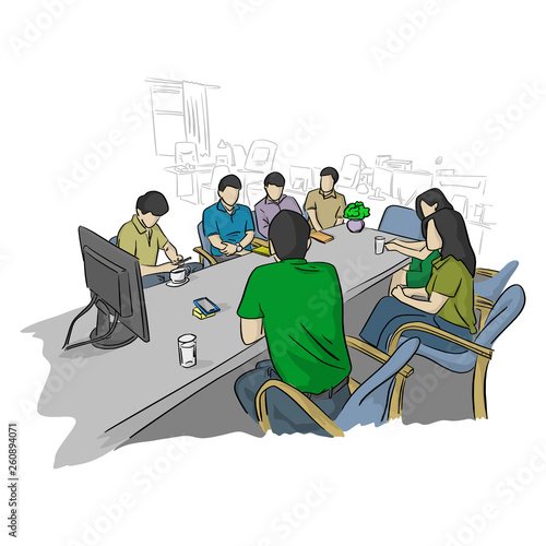 businesspeople in business meeting for future solving problems in office vector illustration sketch doodle hand drawn with black lines isolated on white background