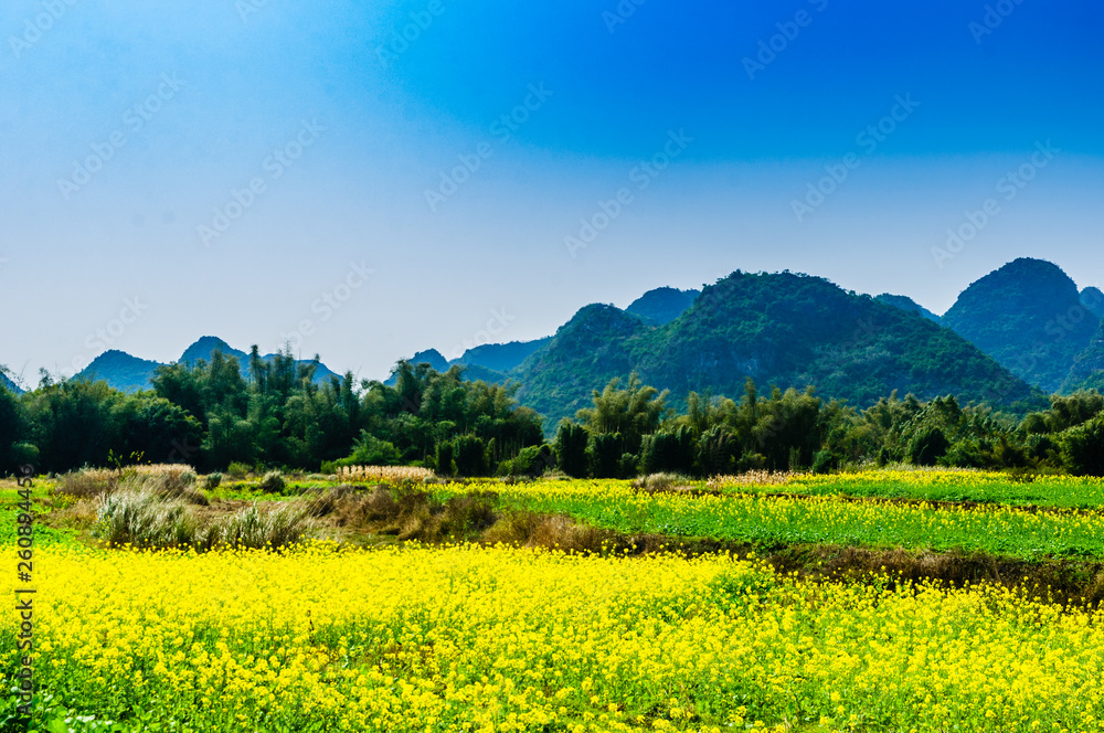 Countryside scenery with blue sky background  