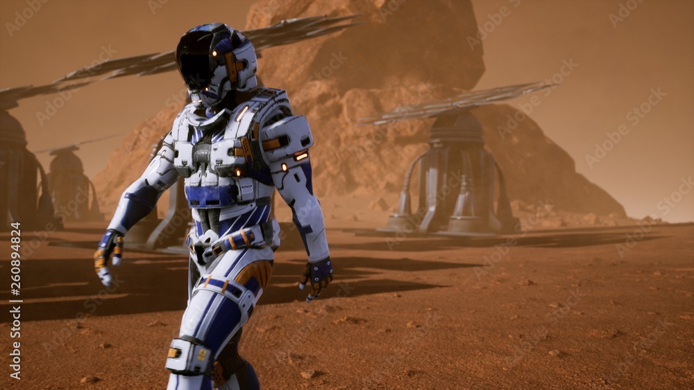 Astronaut goes on the surface of Mars through a dust storm past the ...
