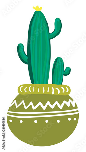 Cactus plants with yellow flower at its top used for decoration is planted in a round shape earthen pot vector color drawing or illustration