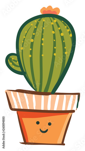 A lively cactus plant with a flower at its top appears in a smiley drawn earthen flower pot vector color drawing or illustration