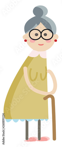 Cartoon of an old lady with spectacles and standing as she holds her walking stick vector color drawing or illustration