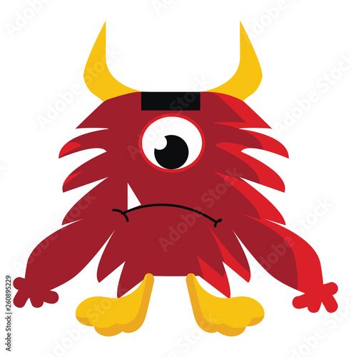 A red furry creature with yellow horn legs and one eye expressing sadness vector color drawing or illustration