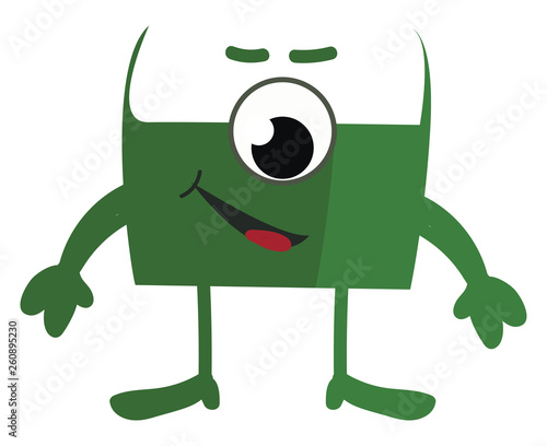 A funny one-eyed green and white alien creature with its tongue hanging out vector color drawing or illustration