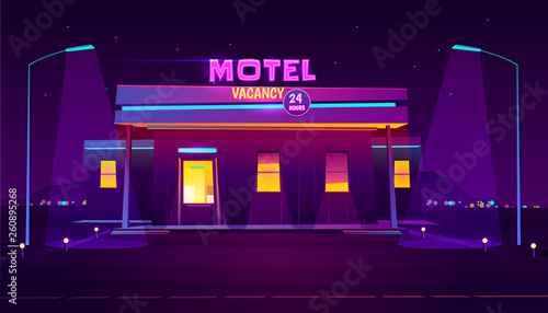 Round the clock, roadside motel with car parking, glowing at night with bright neon illumination cartoon vector illustration. Comfortable accommodation for traveling people. Car tourism background