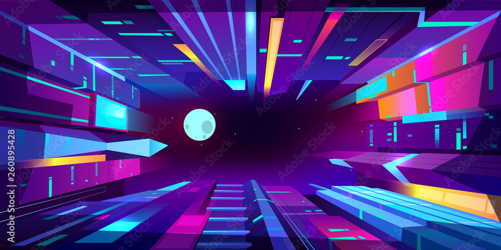 Night metropolis neon colors cartoon vector background with futuristic architecture illuminated skyscrapers buildings down perspective view from street level and full moon in starry sky illustration. - obrazy, fototapety, plakaty 