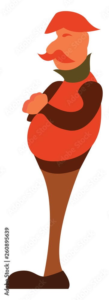 A cartoon man with big mustache and round belly is in pant and shirt and  hands folded on chest vector color drawing or illustration Stock Vector |  Adobe Stock