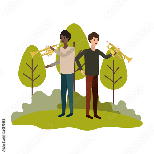 men with musical instruments in landscape