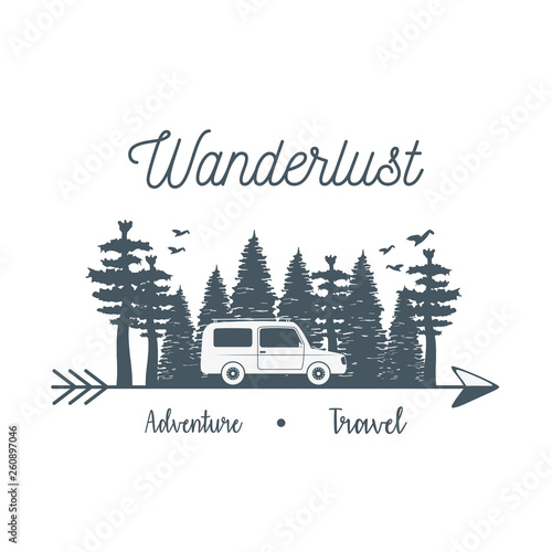 wanderlust label with forest scene and car vehicle