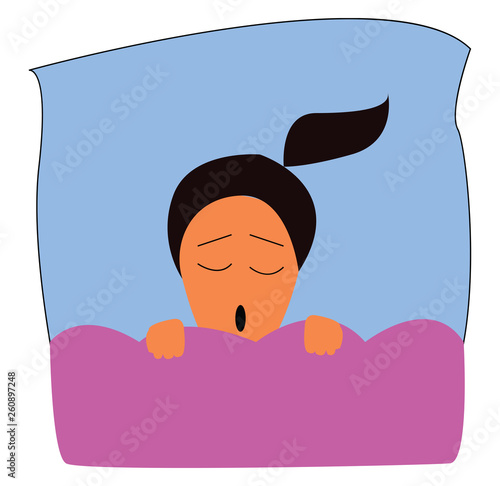 A young girl snoring while sleeping in her bedstead vector color drawing or illustration