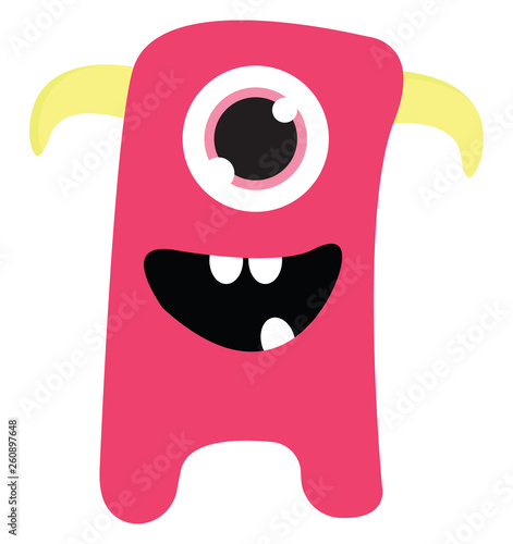 Cute smiling pink one-eyed monster with yellow horns vector illustration on white background