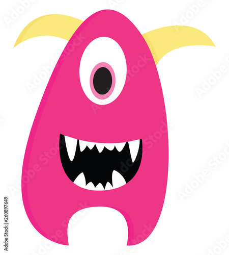 Cute smiling pink one-eyed monster with yellow horns vector illustration on white background
