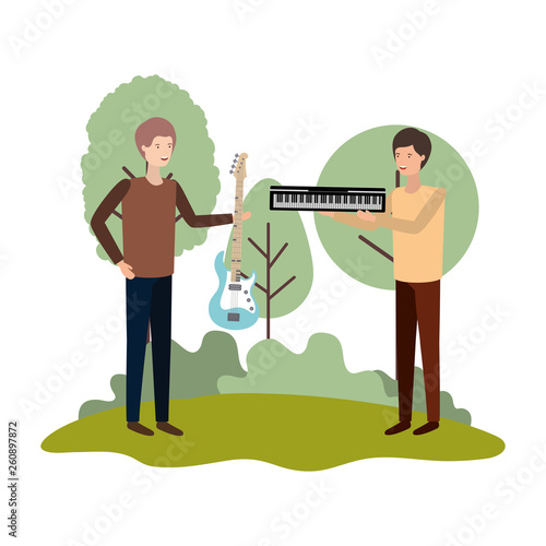 men with musical instruments in landscape