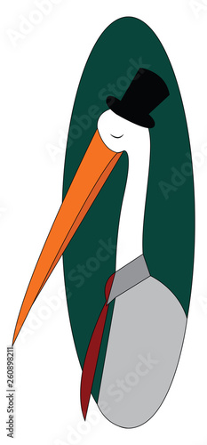 Cartoon of a stork with a black highhat and red tie vector illustration in green eclips  on white background photo