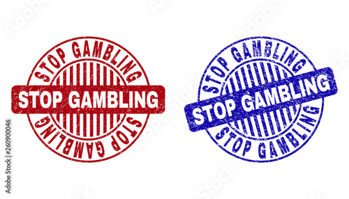 Grunge STOP GAMBLING round stamp seals isolated on a white background. Round seals with distress texture in red and blue colors.
