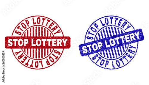Grunge STOP LOTTERY round stamp seals isolated on a white background. Round seals with grunge texture in red and blue colors.