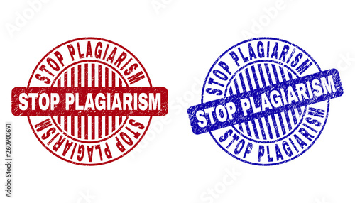 Grunge STOP PLAGIARISM round stamp seals isolated on a white background. Round seals with grunge texture in red and blue colors.