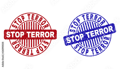 Grunge STOP TERROR round stamp seals isolated on a white background. Round seals with grunge texture in red and blue colors. Vector rubber overlay of STOP TERROR label inside circle form with stripes.