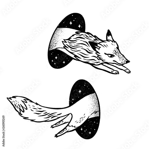 Fox in magic teleport. Linear black and white drawing.