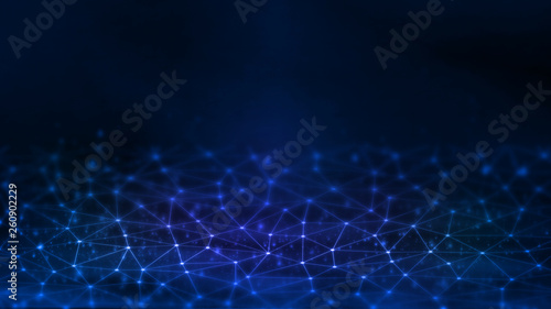 3D Rendering of Abstract polygonal geometry grid waves selective focus background with dots connection. For deep machine learning, crypto currency, hi tech product uses. Big data visualization. 