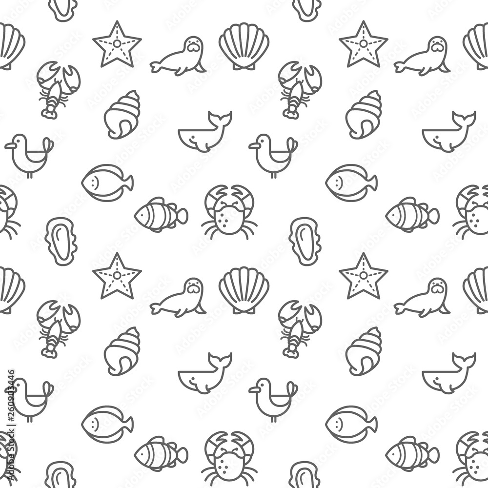 Obraz premium Sea Creatures icons seamless pattern grey vector on white background. Collection Of fish, lobster, oyster, clam, seagull. Template for design fabric, backgrounds, wrapping paper.