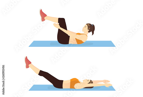Woman doing Toe Touch Crunches Exercise in 2 step for guide. Illustration about introduction workout posture.