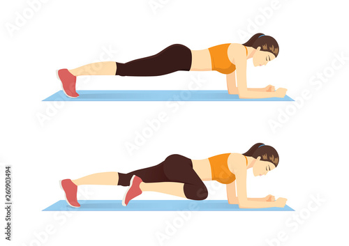 Woman doing Abdominal exercise position introduction with Plank Knee to Elbow in 2 step for guide. Illustration about workout. 