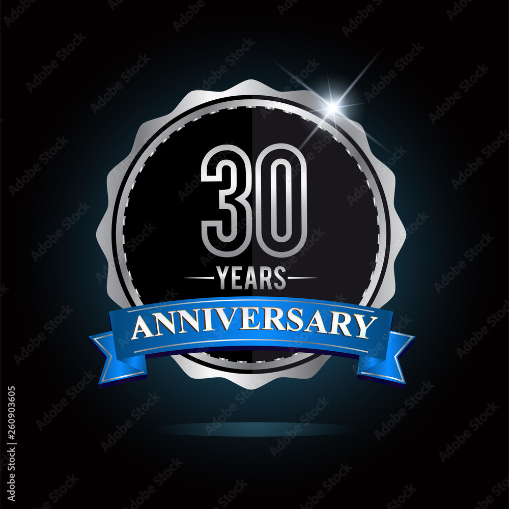 30th anniversary logo with blue ribbon and silver shiny badge, vector design for birthday celebration 30th anniversary logo with blue ribbon and silver shiny badge, vector design for birthday celebration