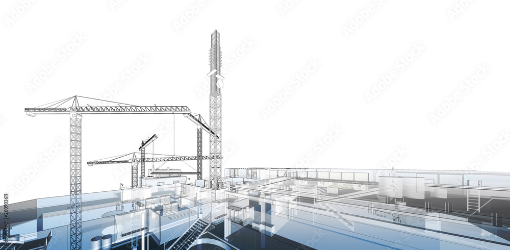 Construction crane. Building crane on the Architecture background. Perspective 3d Wireframe of building Construction crane. Building crane on the Architecture background. Perspective 3d Wireframe of building