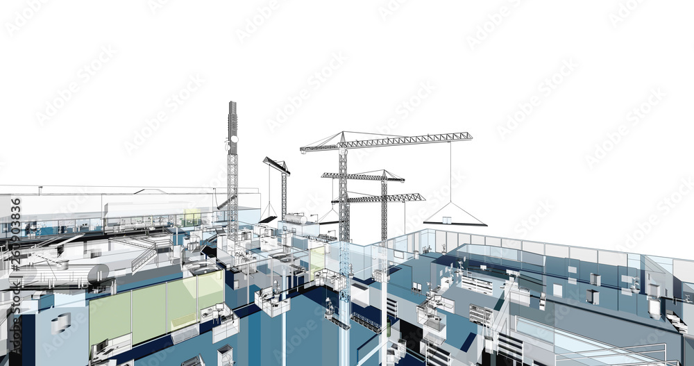 Construction crane. Building crane on the Architecture background. Perspective 3d Wireframe of building Construction crane. Building crane on the Architecture background. Perspective 3d Wireframe of building
