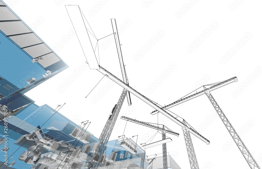 Construction crane. Building crane on the Architecture background. Perspective 3d Wireframe of building Construction crane. Building crane on the Architecture background. Perspective 3d Wireframe of building
