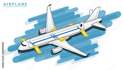 Isometric Plane Crash Airplane Slide . Airbus Window Rescue. emergency evacuation slides deployed. Plane 3d Illustration Vector 
