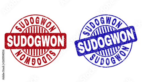 Grunge SUDOGWON round stamp seals isolated on a white background. Round seals with grunge texture in red and blue colors. Vector rubber imprint of SUDOGWON tag inside circle form with stripes.