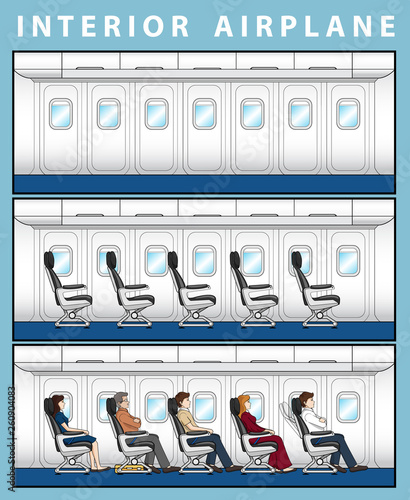 Jet Passenger on the Seat Flight. Aircraft Seats Line in Cabin. Vector illustration 