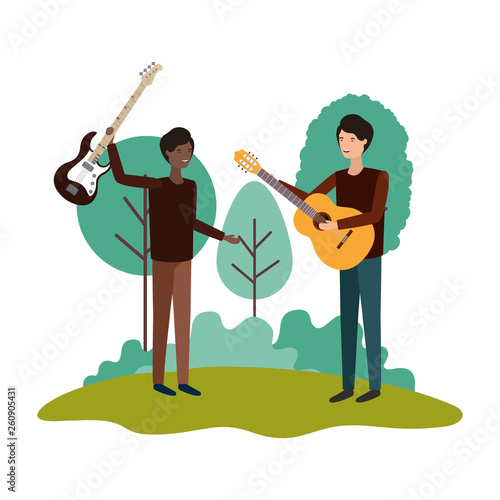 men with musical instruments in landscape