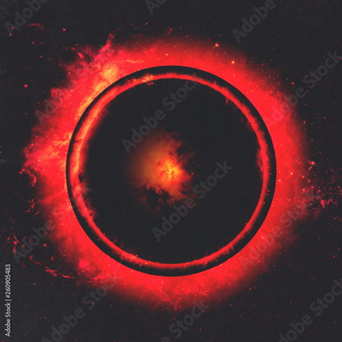 Abstract background with a red fiery circle with elements of space. Red-black texture with elements. Modern digital art. Popular style
